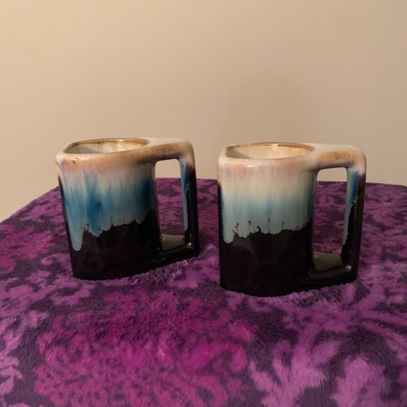 2 VINTAGE PADILLA MEXICAN STONEWARE DRIP GLAZE BLUE BEIGE COFFEE MUGS - Picture 2 of 5